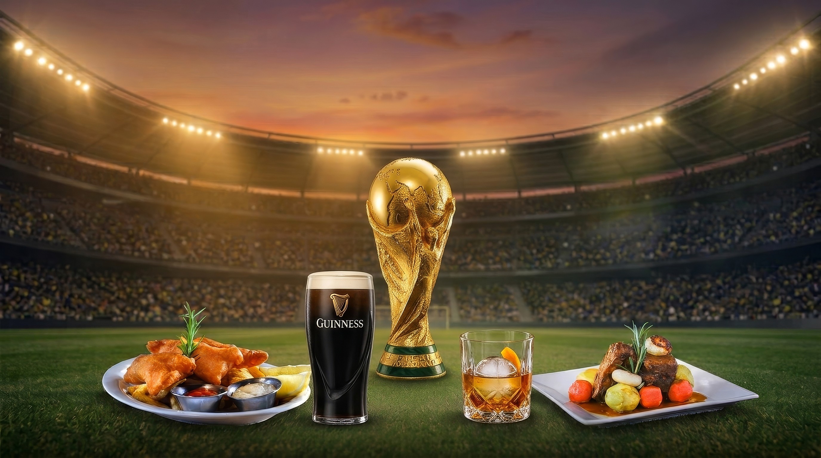 World Cup watch party spread with Guinness, whiskey, fish and chips and the World Cup trophy — watch at O'Callaghan's Irish Pub Carmel